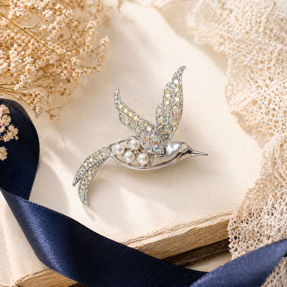 Sarah Coventry Brooch Bird Hummingbird Aurora Borealis Faux Pearl Vintage OS